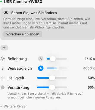 CamDial mit einer günstigen USB-Kamera auf Deutsch: Belichtung, Weißabgleich, Helligkeit und Verstärkung – ohne Fokus- und Zoom-Reihe, weil diese Kamera sie nicht unterstützt.