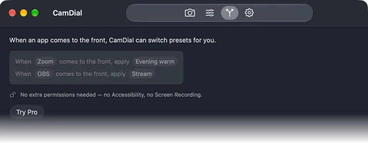 CamDial’s Rules tab: two rules reading “When Zoom comes to the front, apply Evening warm” and “When OBS comes to the front, apply Stream”.